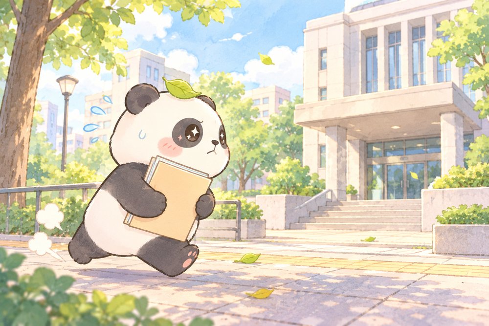 書類をかかえて役所へ急ぐパンダのナビ助