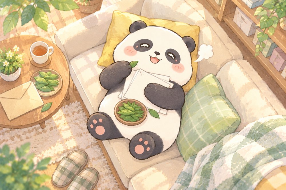 届いた書類を読んでほっとするパンダのナビ助