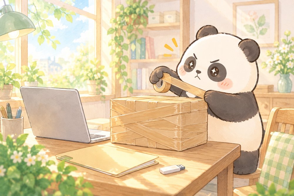 返却する箱をガムテープでぐるぐる巻きにするパンダのナビ助
