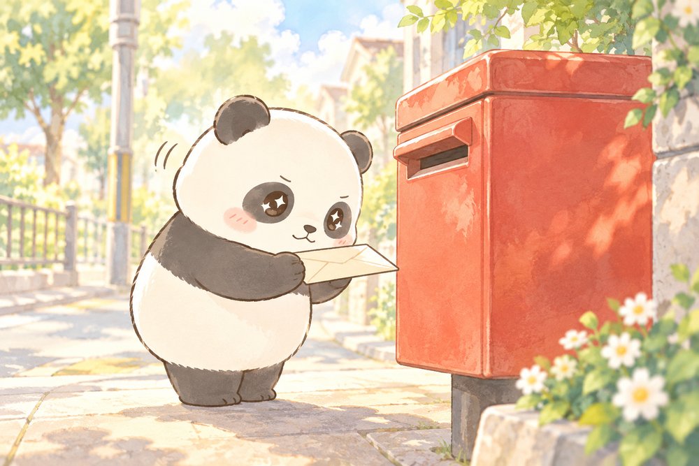 返却物の封筒をおじぎしてポストに入れるパンダのナビ助