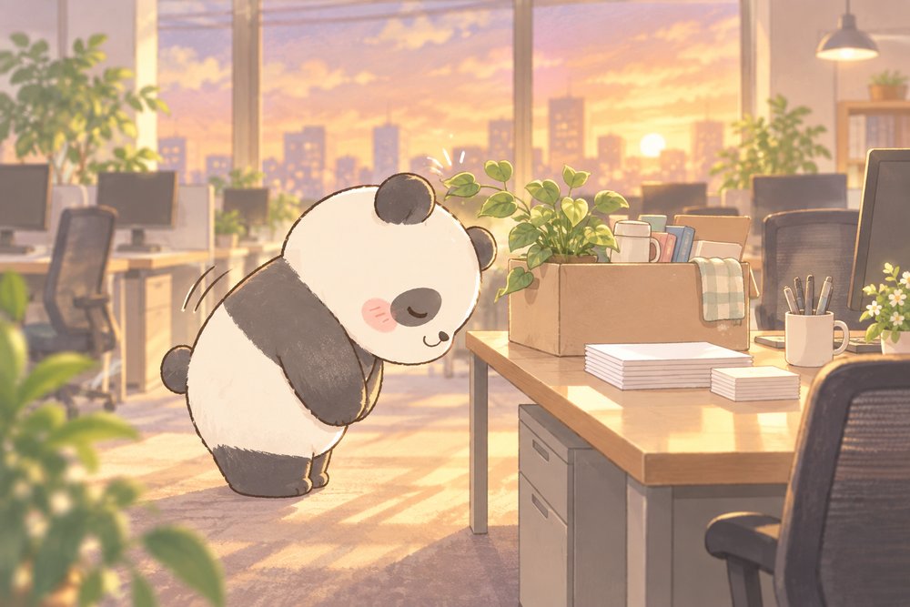片づけたデスクの前でおじぎをするパンダのナビ助