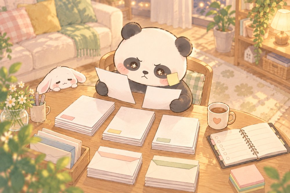 手続きの書類を期限順に仕分けるパンダのナビ助