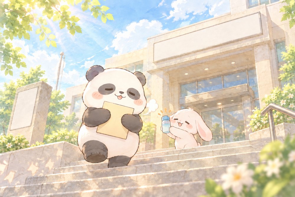 手続きを終えて役所の階段を下りるパンダのナビ助
